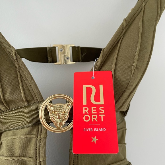 River Island Ribbed Plunge One-Piece in Khaki - Picture 5 of 8